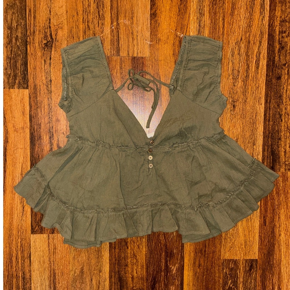 No Boundaries Olive Green Ruffle Babydoll Top Sleeveless Gauze V-Neck Medium